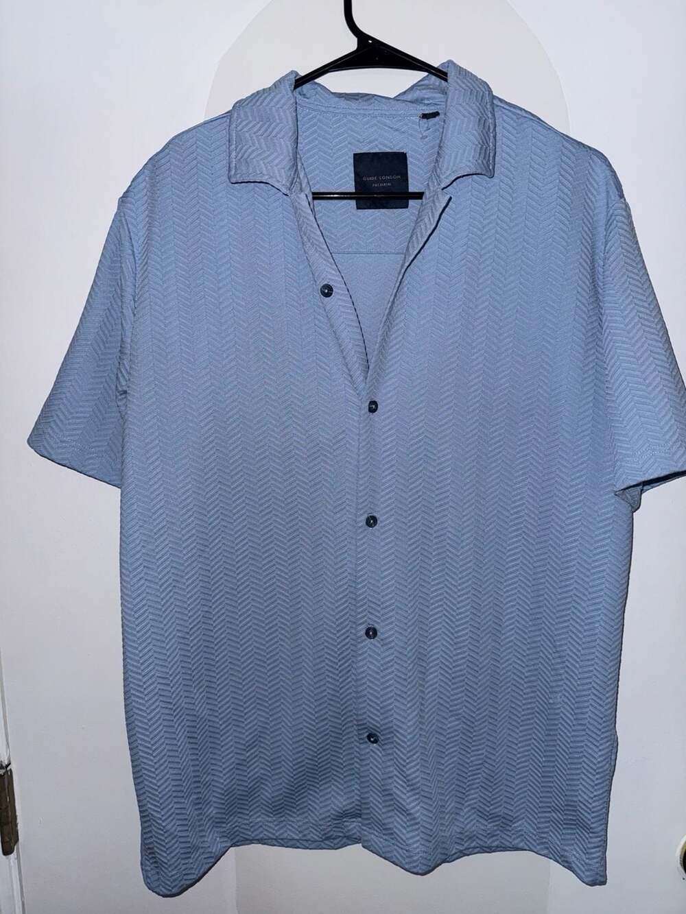 Guide London Premium Men's Blue Herringbone Short Sleeve Button-Down Shirt